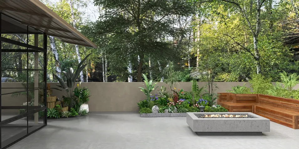 outdoor garden area featuring a fire pit and wooden seating arrangement with lush greenery and trees surrounding the space, showcasing modern landscape design with a focus on outdoor living aesthetics and utilizing Homestyler's real-time 3D rendering feature for accurate visual presentation.