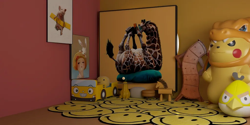 a room with a stuffed animal and a doll on the wall 