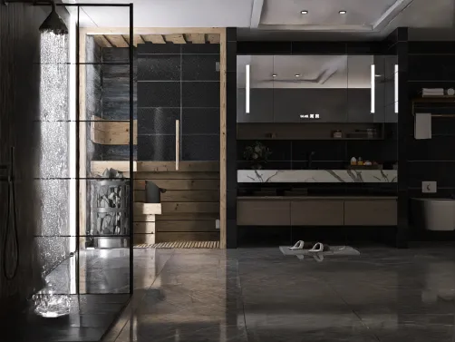 Black and Brown Bathroom with a Sauna