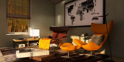 cozy living room with stylish orange chairs and modern artwork + enhancing relaxation + contemporary style + interior decor