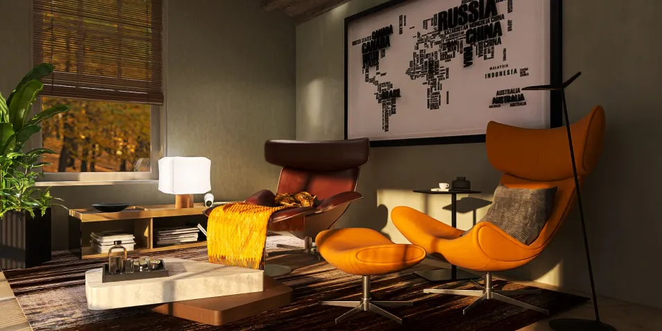 Cozy living room with orange accent chairs and modern decor showcasing a stylish furniture arrangement in a mid-century style, featuring Homestyler's real-time 3D rendering for instant design previews.