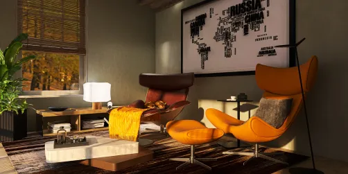 Cozy living room with orange accent chairs and modern decor showcasing a stylish furniture arrangement in a mid-century style, featuring Homestyler's real-time 3D rendering for instant design previews.