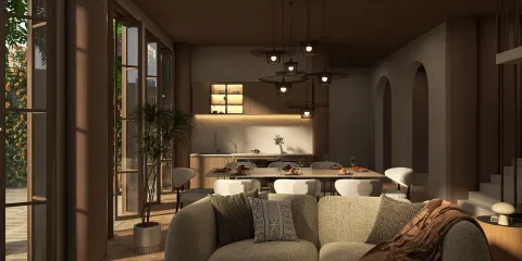 Cozy living room featuring soft furnishings and ambient lighting, showcasing modern design elements and open space value; includes homestyler's real-time 3D rendering capability for design visualization.