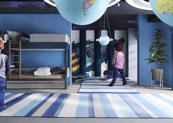 Blue-y and space-ish two boys bedroom Design Rendering