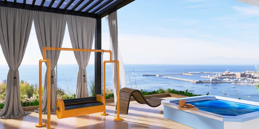 a large window overlooking a beach with a balcony 
