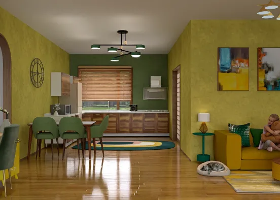 Yellow-green kitchen & living room Design Rendering