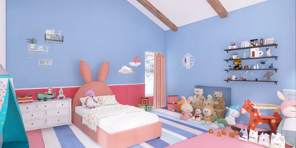 a bedroom with a bed, a dresser, and a doll house 