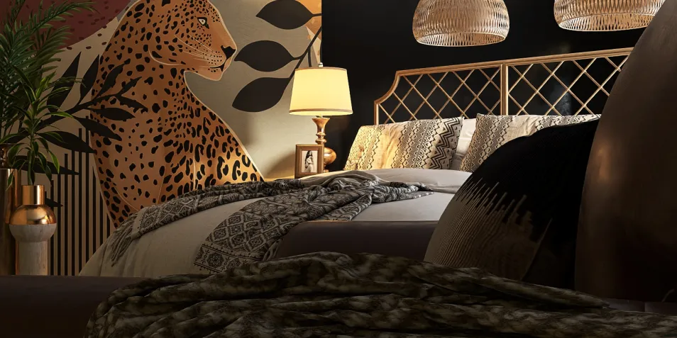 luxurious bedroom featuring a stylish leopard mural, showcasing interior decor with modern elegance, utilizing Homestyler's real-time 3D rendering for an accurate design preview