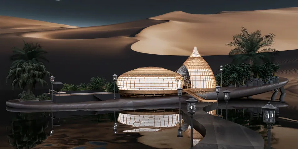 modern architectural design of a desert retreat with wooden structures and palm trees, showcasing an innovative building style in a scenic outdoor space, featuring Homestyler's real-time 3D rendering for detailed design previews
