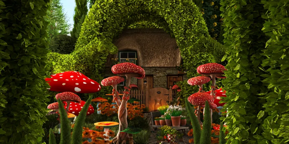 a whimsical garden with vibrant red mushrooms and lush greenery surrounding a cozy cottage, showcasing a fantasy outdoor design with rich floral accents, featuring Homestyler's real-time 3D rendering for design preview