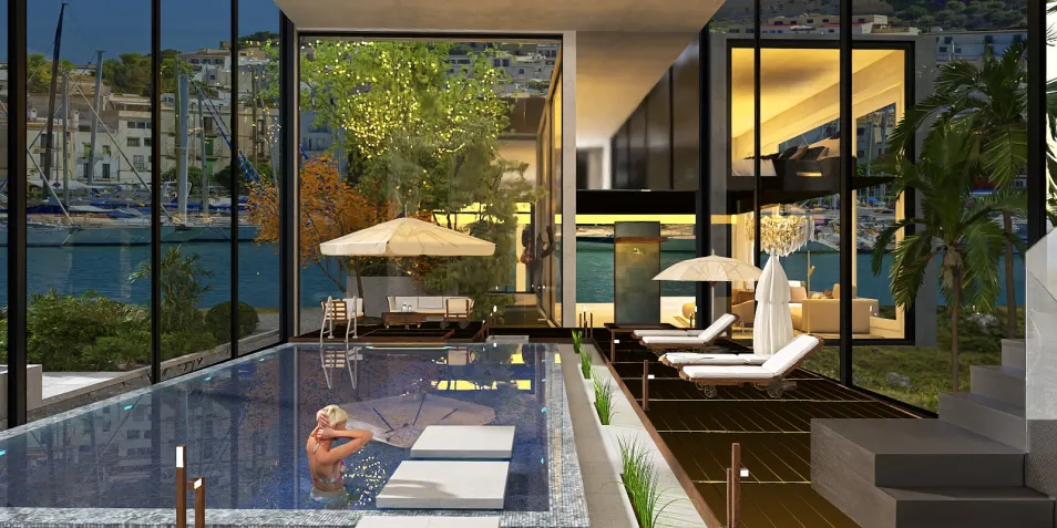 luxurious outdoor swimming pool area featuring modern lounge chairs and umbrellas overlooking a scenic waterfront view, designed using Homestyler's real-time 3D rendering for immersive interior decor visualization.