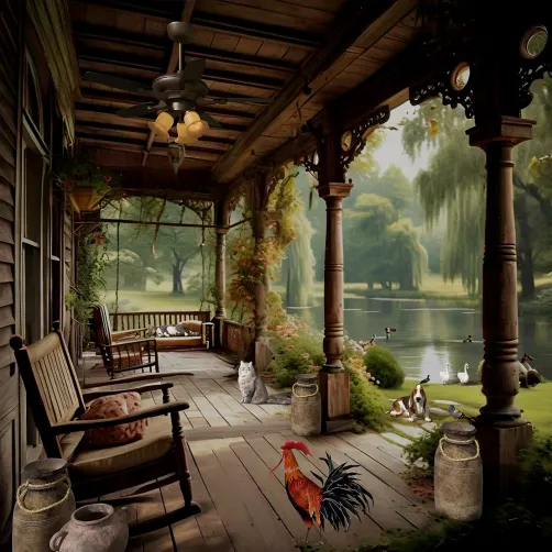 cozy porch with rocking chairs overlooking a serene lake, featuring rustic wooden beams and lush greenery, ideal for showcasing outdoor living design using Homestyler's real-time 3D rendering.