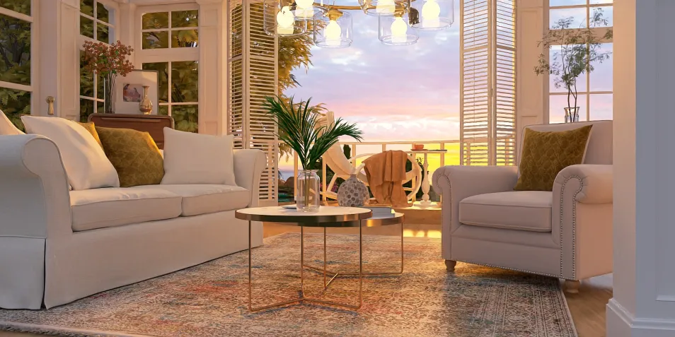 Modern living room with cozy sofas and a stylish coffee table, showcasing home decor and design ideas for a warm and inviting atmosphere, enhanced by Homestyler's real-time 3D rendering feature.