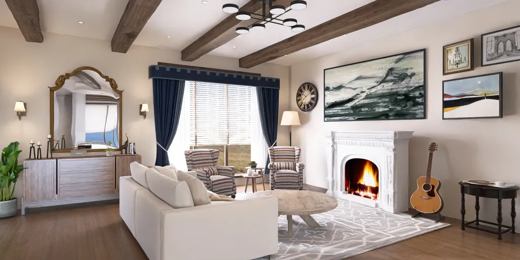 a living room with a fireplace and a couch 