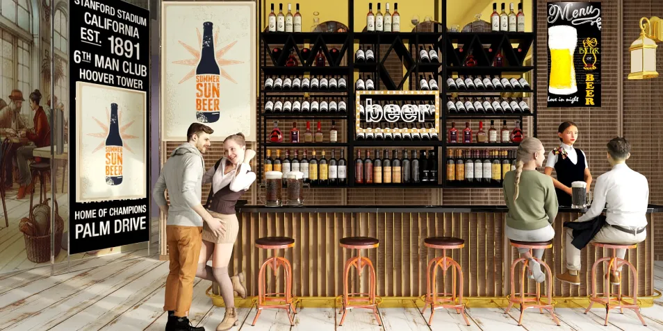 a modern bar design featuring a stylish counter and seating arrangements, showcasing a vibrant ambiance, ideal for social gatherings, utilizing Homestyler's real-time 3D rendering for efficient interior decor visualization.