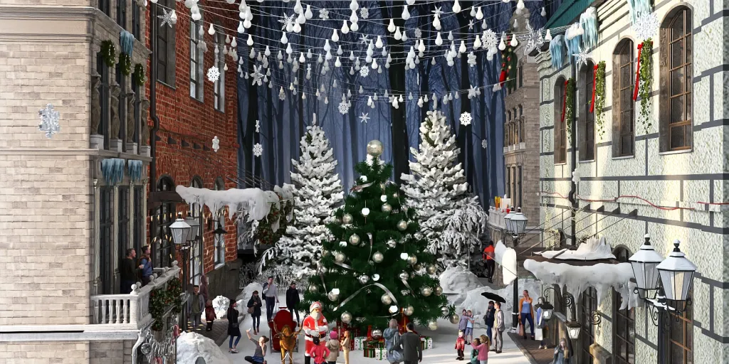 a large group of christmas trees in a city 