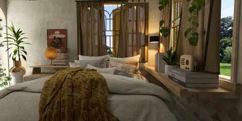 cozy bedroom design featuring layered bedding and natural light streaming in through open windows, showcasing a modern rustic style with plants and wooden accents, enhanced by Homestyler's real-time 3D rendering feature.