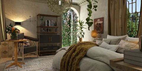cozy bedroom design showcasing a comfortable bed with plush bedding and stylish decor in a modern bohemian style, featuring a real-time 3D rendering function of Homestyler for an immersive interior design experience
