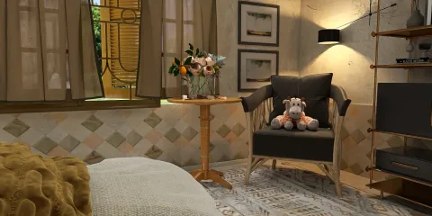 cozy living space featuring a tufted armchair with a stuffed animal, enhanced by soft lighting, relaxed style, showcasing an inviting interior design concept using Homestyler's real-time 3D rendering feature.