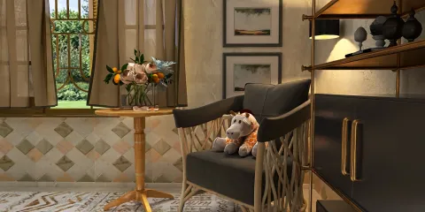 Cozy armchair with plush toy and table styling, featuring warm tones and patterns, demonstrating interior decor optimization using Homestyler's 3D rendering capabilities.