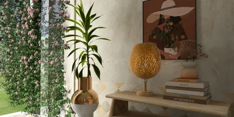 A stylish indoor plant stands beside a decorative lamp on a wooden shelf, showcasing a modern rustic design style, perfect for enhancing the aesthetic of a cozy living room using Homestyler's real-time 3D rendering feature.