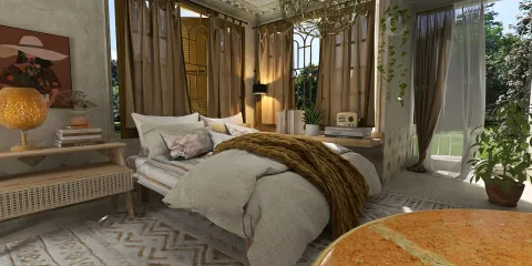 Cozy bedroom featuring a plush bed and earthy textiles, designed for comfort in a modern rustic style, showcasing Homestyler's real-time 3D rendering feature for realistic interior visualization.