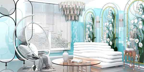 Modern living room featuring elegant white seating and unique glass floral accents, designed using Homestyler's real-time 3D rendering for an immersive interior decor experience.