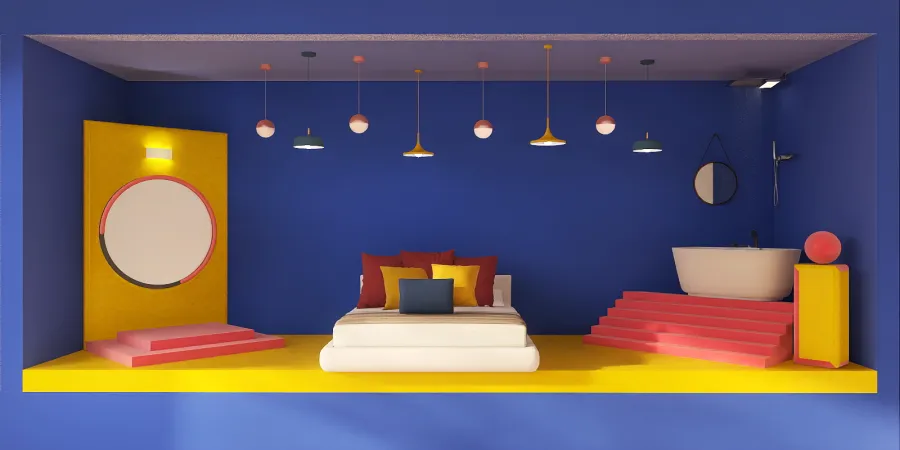a room with a bed, a lamp, and a wall 