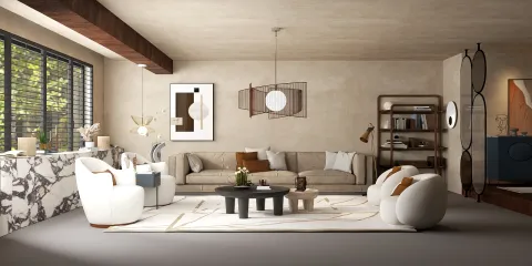 modern living room with cozy seating arrangement featuring a sofa and armchairs, showcasing a minimalist style with natural tones, emphasizing the value of open space design using Homestyler's real-time 3D rendering feature.