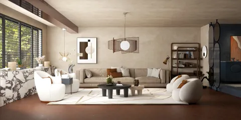 modern living room with cozy sofa and stylish decor featuring smart furniture arrangement and a neutral color palette, showcasing Homestyler's real-time 3D rendering for enhanced interior design visualization.