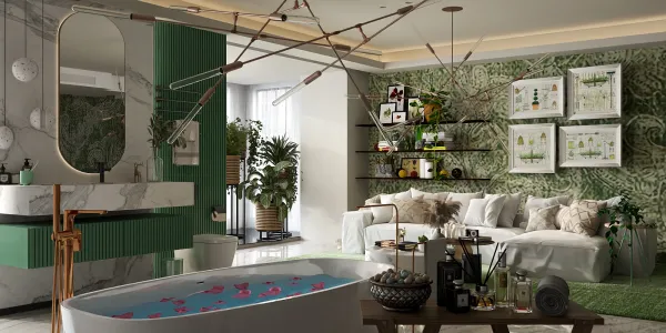 A luxurious bathroom featuring a stylish freestanding bathtub filled with rose petals, complemented by a modern green and white color scheme, showcasing a serene living area with a comfortable sofa and decorative plants. This interior design incorporates Homestyler's real-time 3D rendering for a detailed preview.