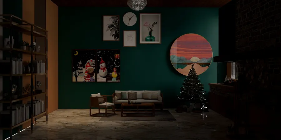 a living room with a christmas tree and a painting 