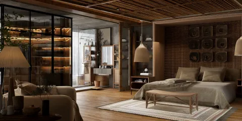 modern bedroom with a cozy atmosphere featuring warm materials and soft textures, showcasing interior design with a focus on achieving a comfortable living space using Homestyler's real-time 3D rendering feature.