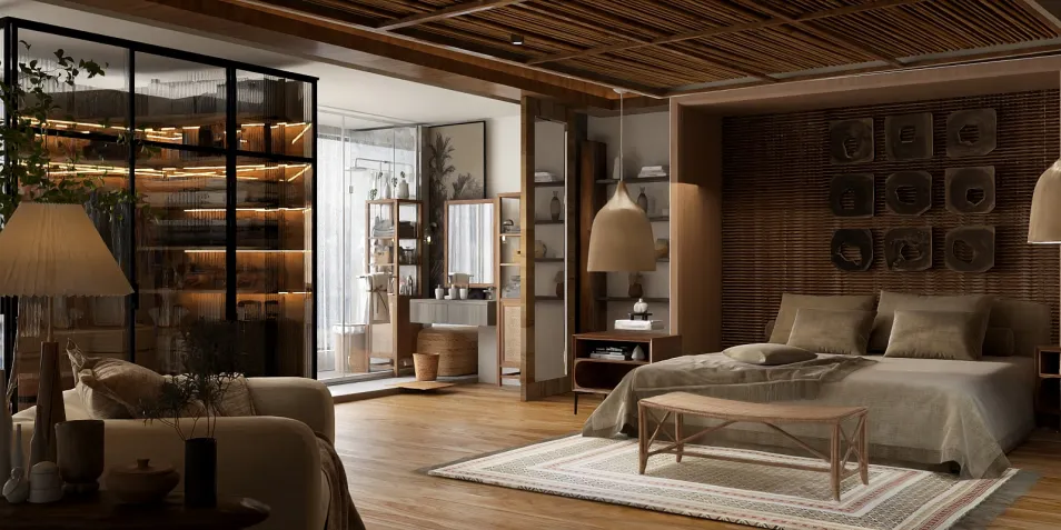 a cozy bedroom featuring a stylish bed and a modern bookshelf, showcasing a warm and natural design style, ideal for creating a serene atmosphere with Homestyler's real-time 3D rendering feature.