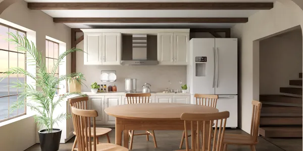 Modern dining area with a wooden round table and wooden chairs, showcasing a cozy farmhouse style in a kitchen space; featuring Homestyler's real-time 3D rendering for quick design previews.