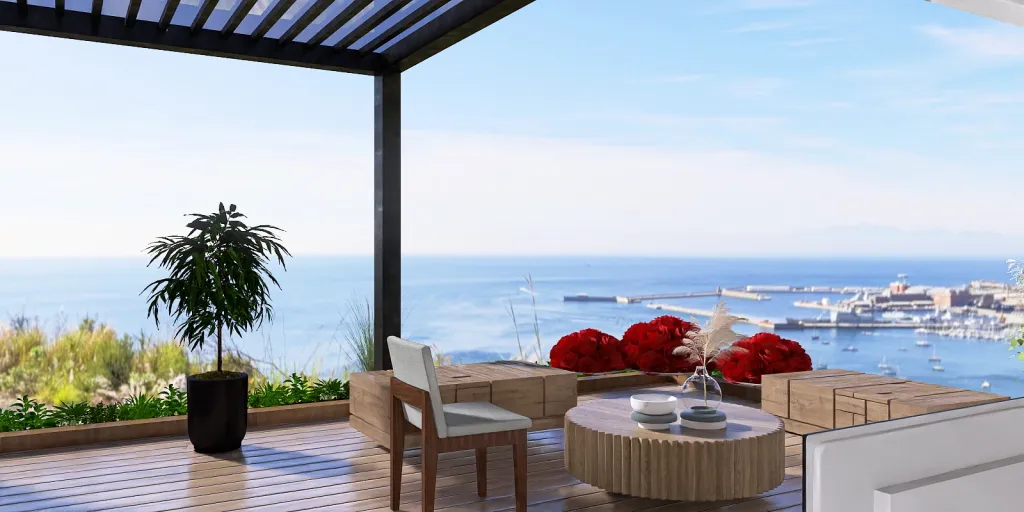 a dining room table with a balcony overlooking a beach 