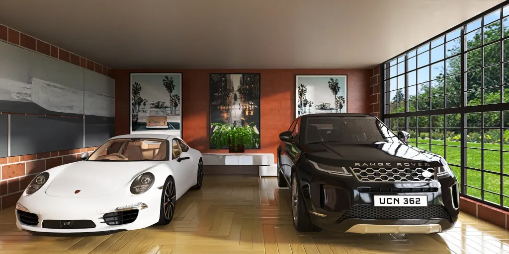 a car and a motorcycle are parked in a room 