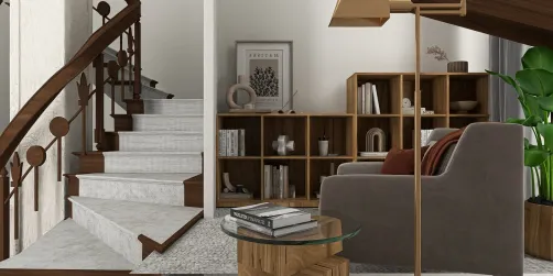 A cozy reading spot next to the stairs