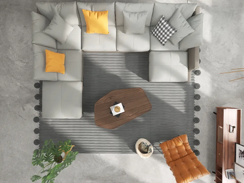 a living room with a couch, chair, and a rug 