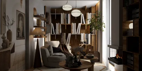 Cozy living room featuring a modern sofa and bookshelves filled with books, designed in a contemporary style, showcasing the real-time 3D rendering feature of Homestyler for an effective interior decor visualization.