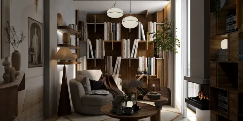cozy living room with modern furniture arrangement showcasing a blend of warm wood tones and soft textiles, featuring a stylish bookshelf and ambient lighting, designed using Homestyler's real-time 3D rendering to visualize interior decor elements.