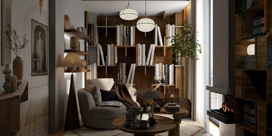 cozy living room with modern furniture arrangement showcasing a blend of warm wood tones and soft textiles, featuring a stylish bookshelf and ambient lighting, designed using Homestyler's real-time 3D rendering to visualize interior decor elements.