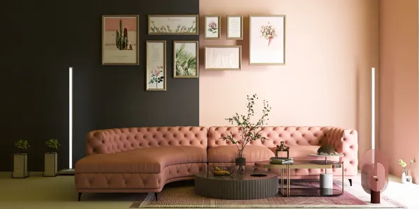 modern pink sectional sofa arranged in a cozy living room with abstract wall art, stylish coffee table, and elegant decor, showcasing interior design ideas using Homestyler's 3D rendering feature