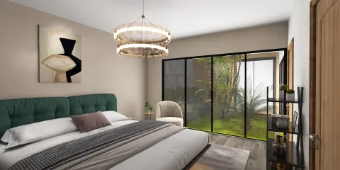 Cozy bedroom featuring stylish furniture arrangement and natural lighting through large windows in a modern minimalistic style, showcasing interior decor ideas using Homestyler's real-time 3D rendering functionality.