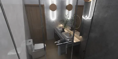 modern bathroom design featuring a sleek shower area and a minimalist vanity, showcasing an elegant lighting style, enhancing the bathroom's aesthetic value with Homestyler's real-time 3D rendering capability.