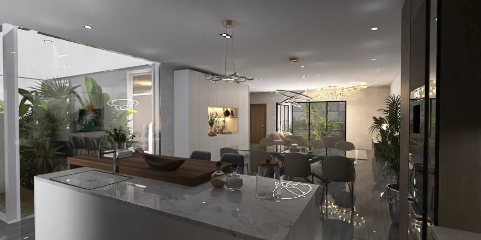 Modern kitchen with open layout designing cozy living space featuring indoor plants and contemporary furnishings, utilizing Homestyler's real-time 3D rendering for effect preview.