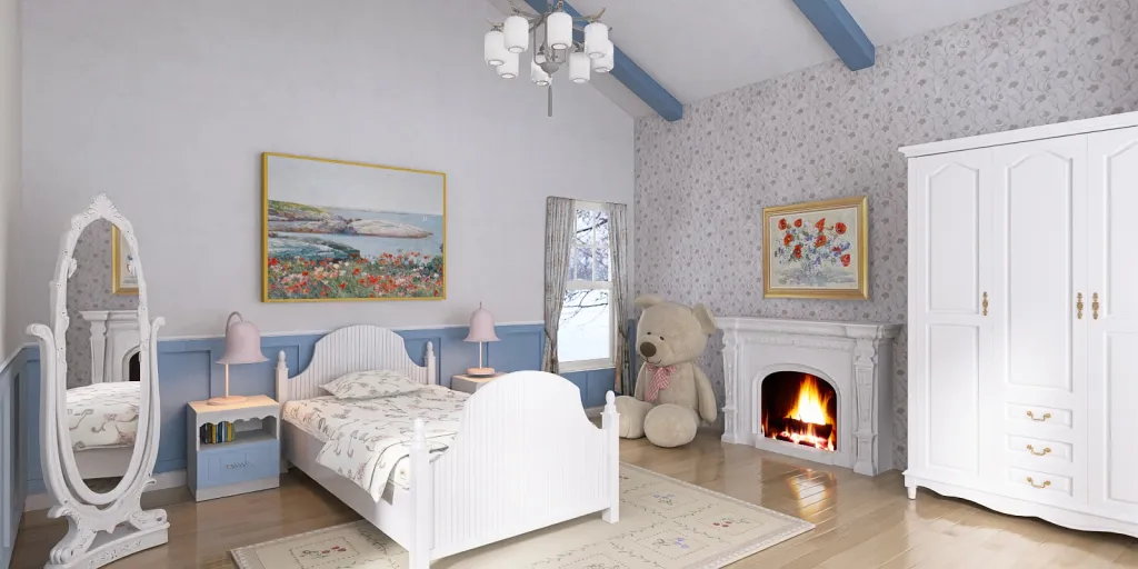a bedroom with a bed, a fireplace, and a bed with a doll on it 