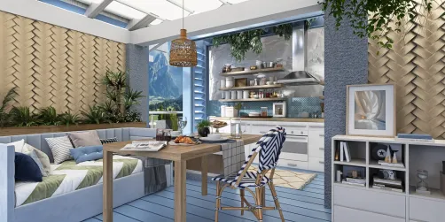 modern kitchen design featuring a cozy dining area with a blue and white theme, incorporating smart furniture arrangement for efficient space utilization using Homestyler's real-time 3D rendering