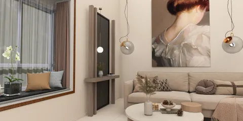 Living room interior design featuring a cozy sofa arrangement and wall art, showcasing a contemporary style that emphasizes comfort and aesthetics, utilizing Homestyler's smart furniture placement feature for optimal space utilization.