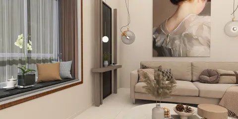 cozy living room featuring a modern sofa and decorative accessories with a neutral color palette, showcasing a stylish design using Homestyler's real-time 3D rendering for an accurate preview of the interior decor.